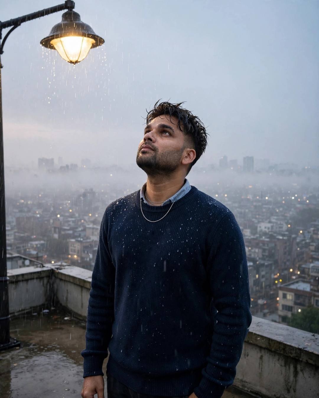 Young Indian man in navy sweater standing under a lamp in the rain on a rooftop above a foggy city