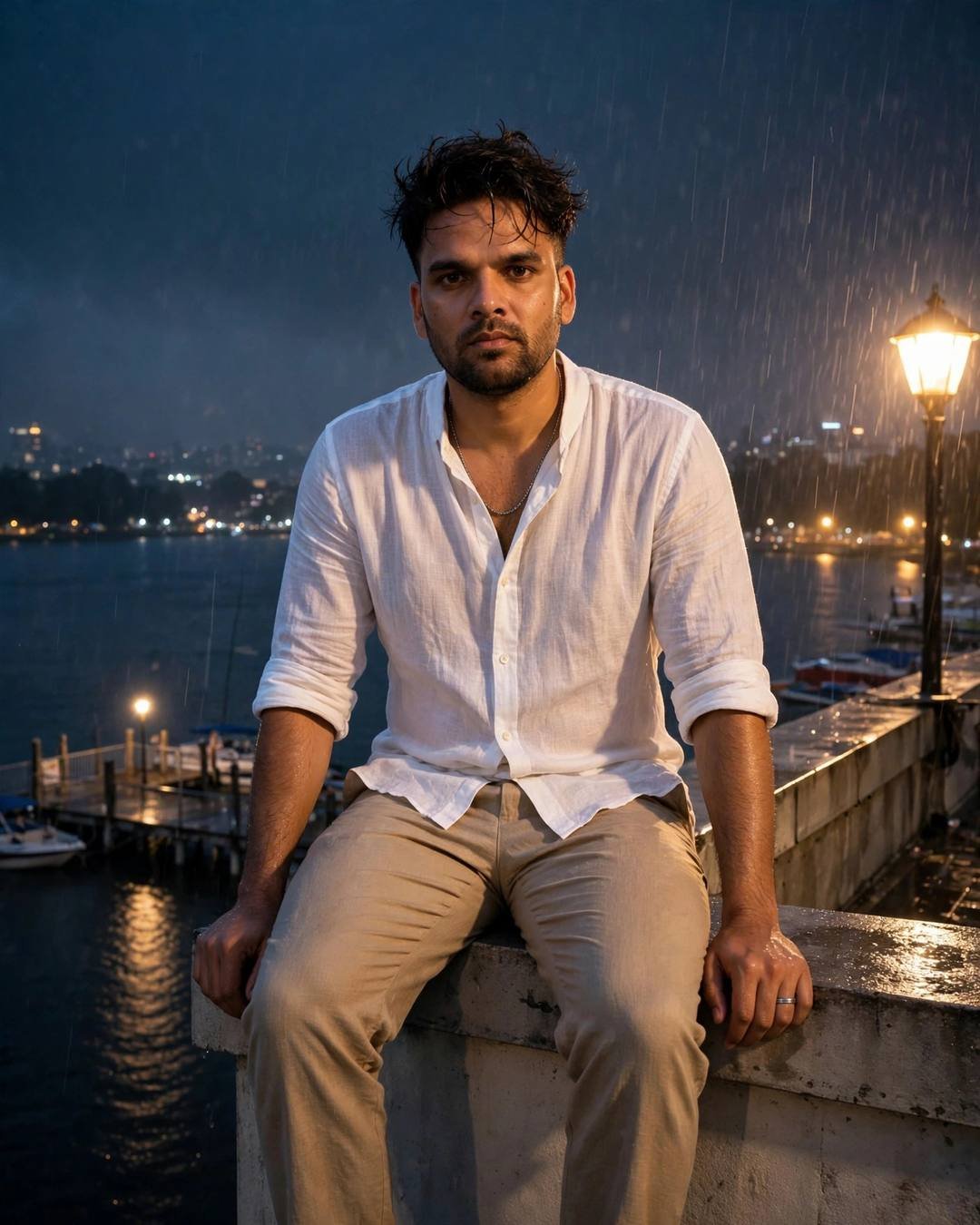 Young Indian man in white linen shirt sitting on a ledge above a lake pier in the rain at night