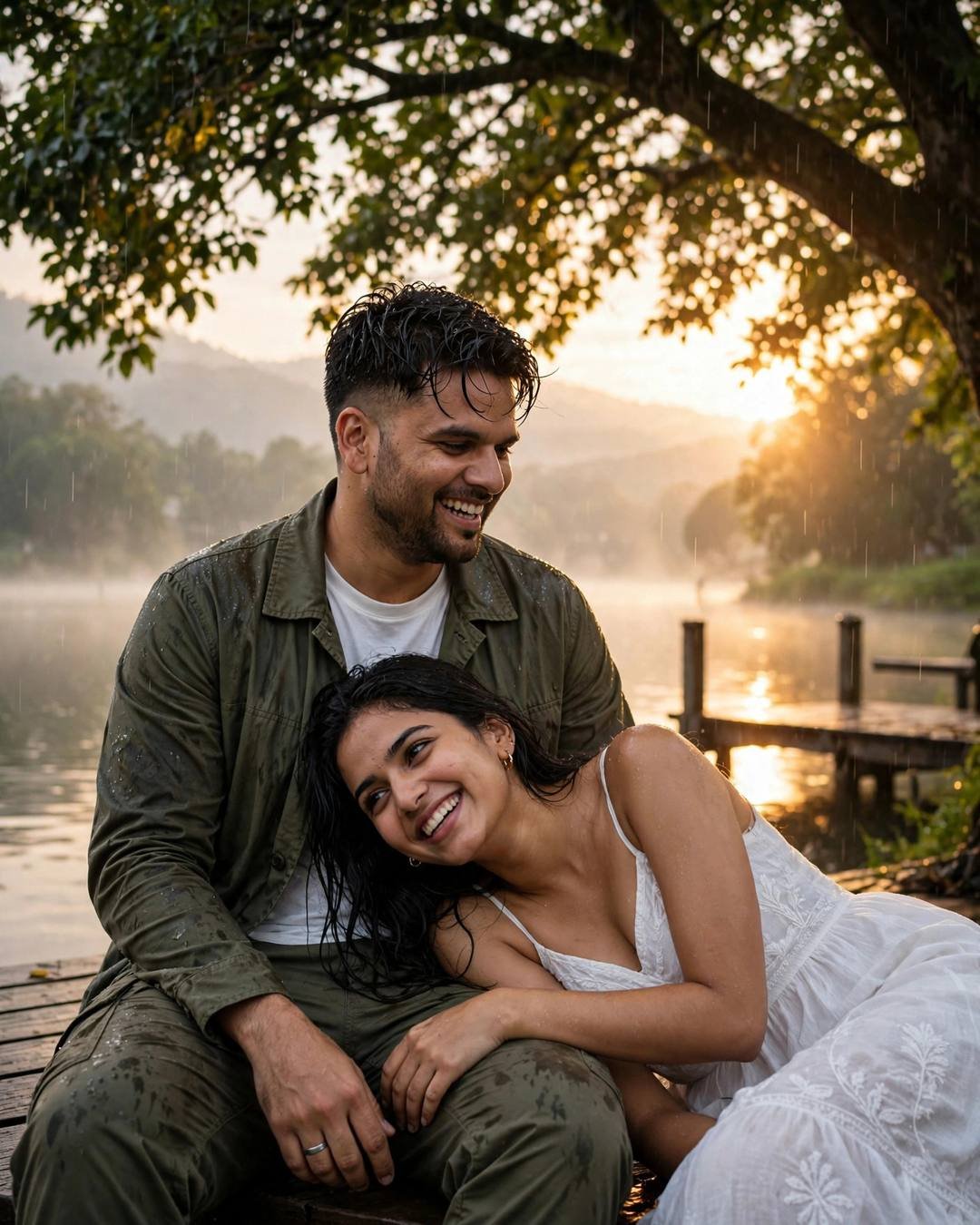 Couple laughing under a tree on a lake pier at dawn, her head resting in his lap, golden-hour drizzle and lens flare