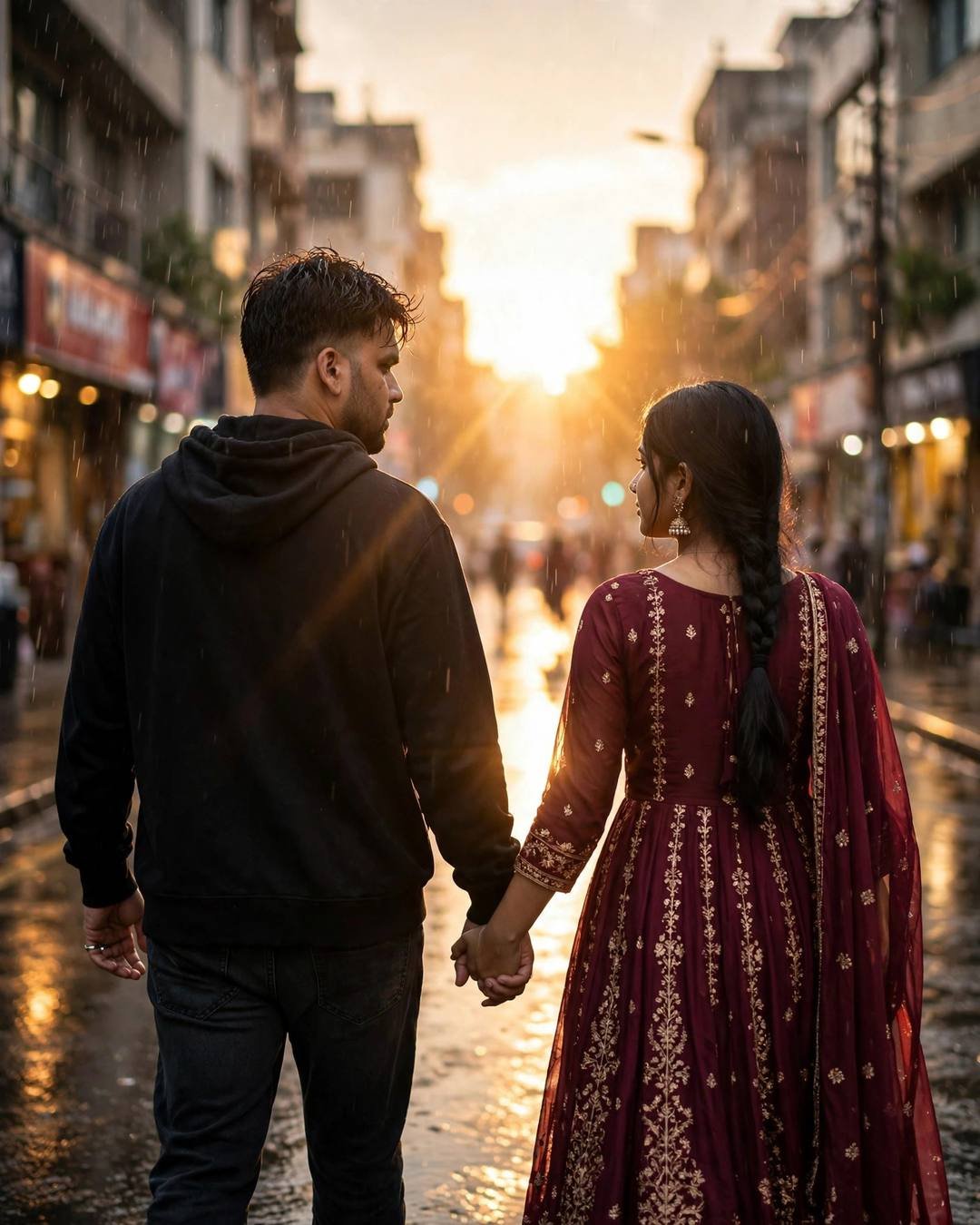 Couple walking hand in hand down a rain-soaked city street into a burning orange sunset, backlit silhouettes