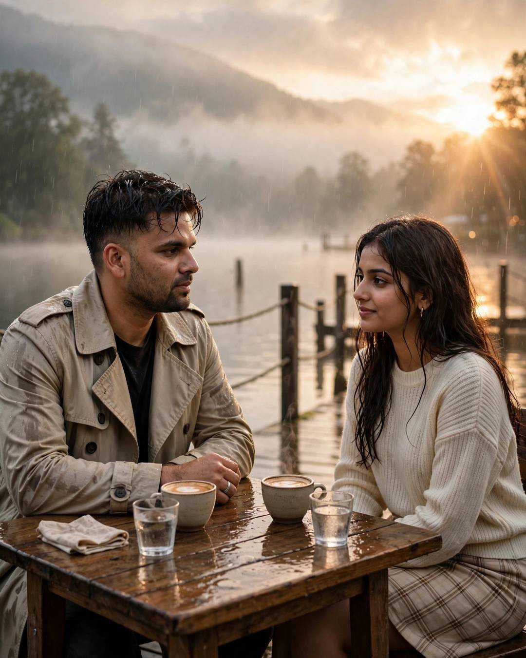 Couple sharing coffee at a small table by a lake pier in the rain, hands almost touching over cups
