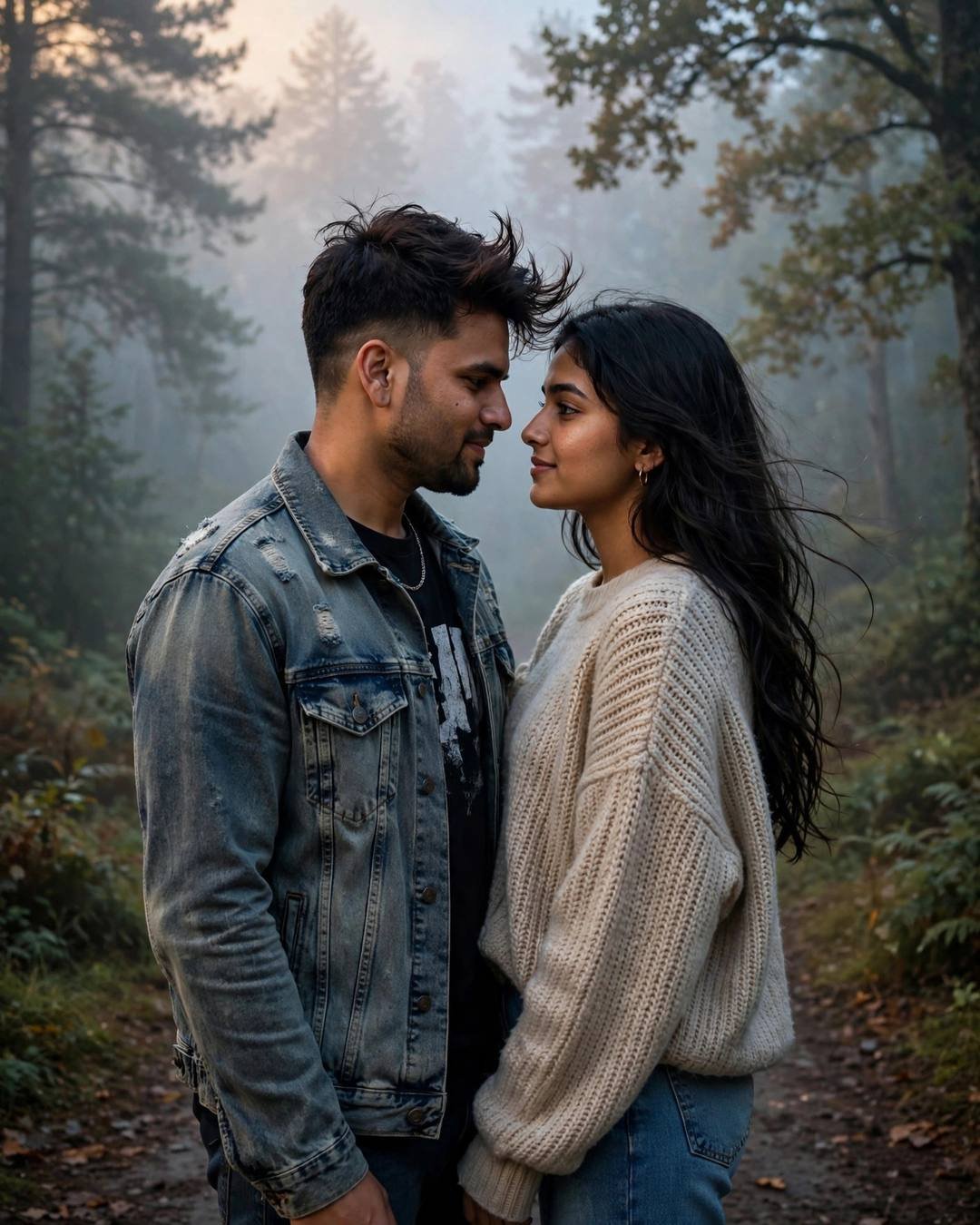 Couple standing face to face with foreheads almost touching on a misty forest path in dense fog