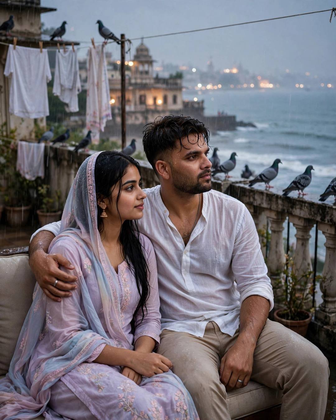 Couple sitting close on a terrace overlooking the sea in light rain with pigeons and a palace beyond