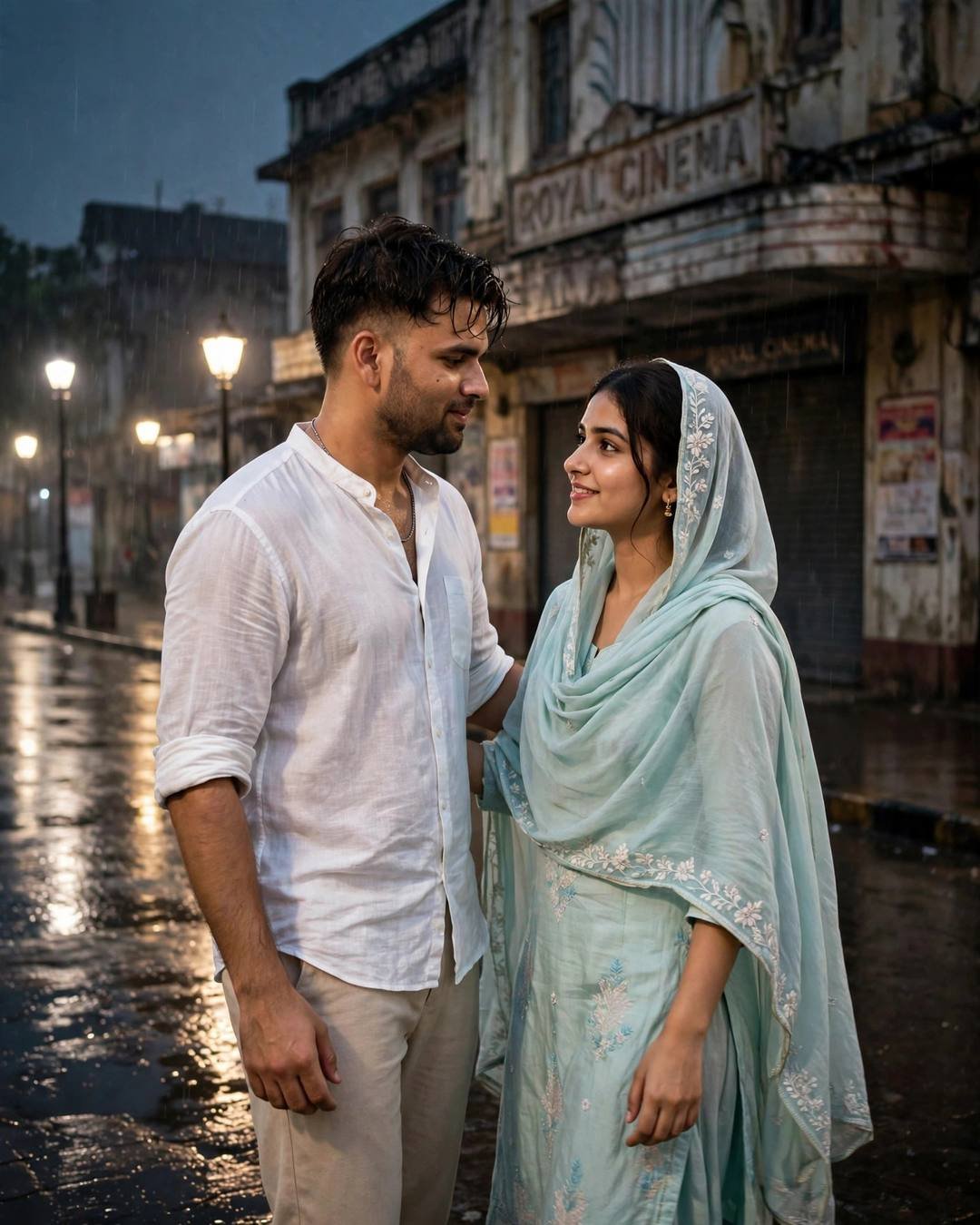 Couple dancing slowly on a wet street in front of an old cinema at night, lamps glowing