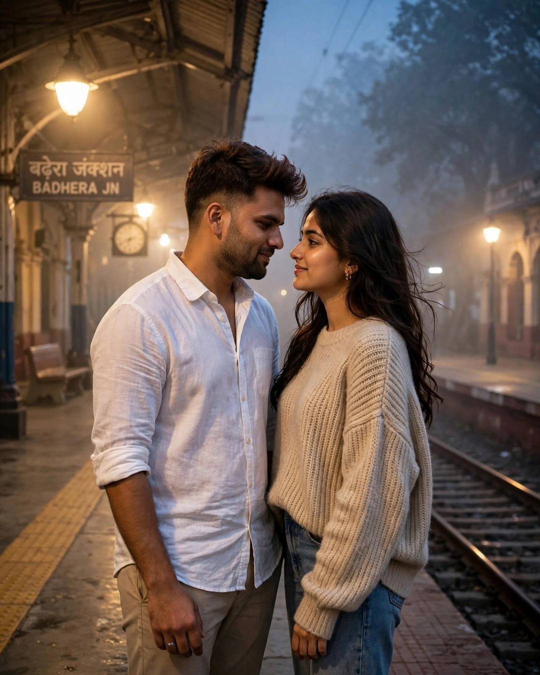 Couple standing face to face with foreheads almost touching on a foggy heritage railway platform at dawn