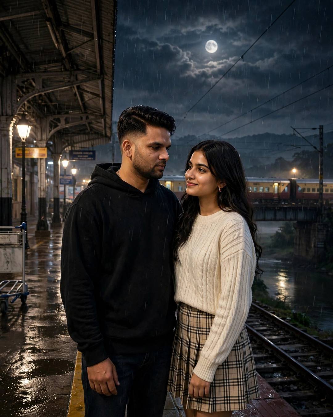 Couple standing close on a heritage railway platform at midnight with a full moon and a train on a bridge behind