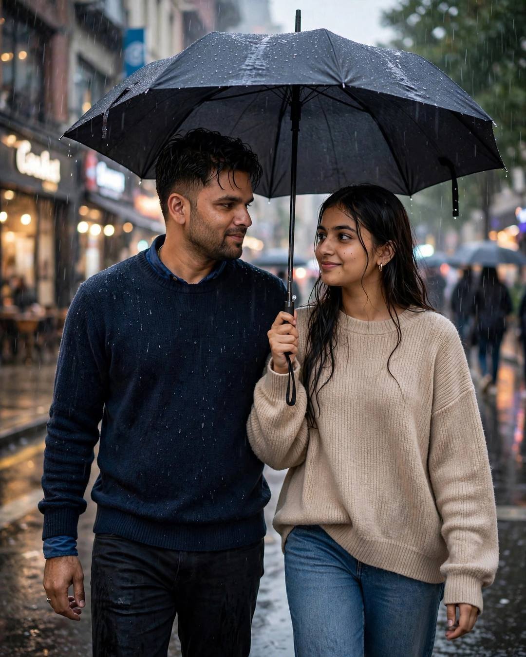 Young Indian couple sharing one umbrella on a rain-soaked city street at evening, man in navy sweater, woman in beige sweater