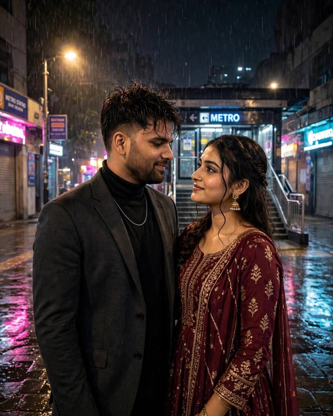 Couple dancing slowly in the rain outside a midnight metro station, man in charcoal blazer and black turtleneck, woman in maroon anarkali