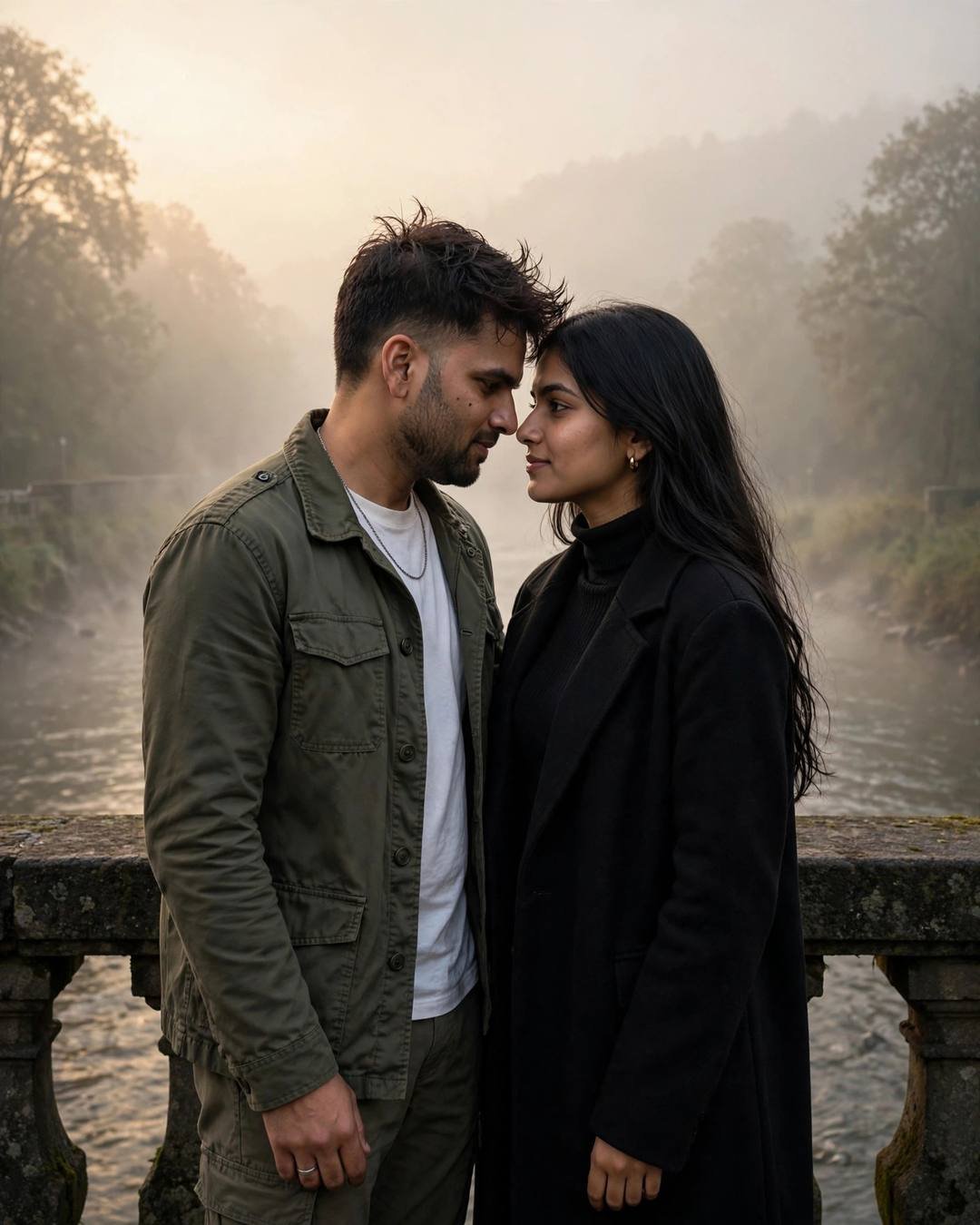Couple standing face to face with foreheads almost touching on a foggy bridge over a river at dawn
