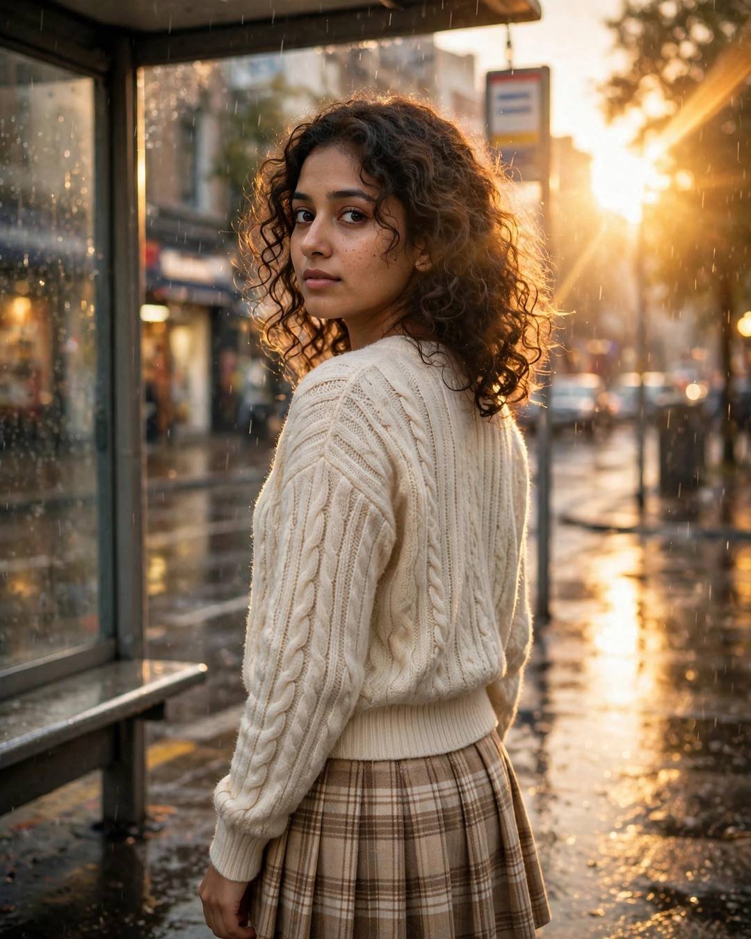 Young Indian woman with curly hair in cream knit top looking over her shoulder at a rain-wet bus stop in golden light