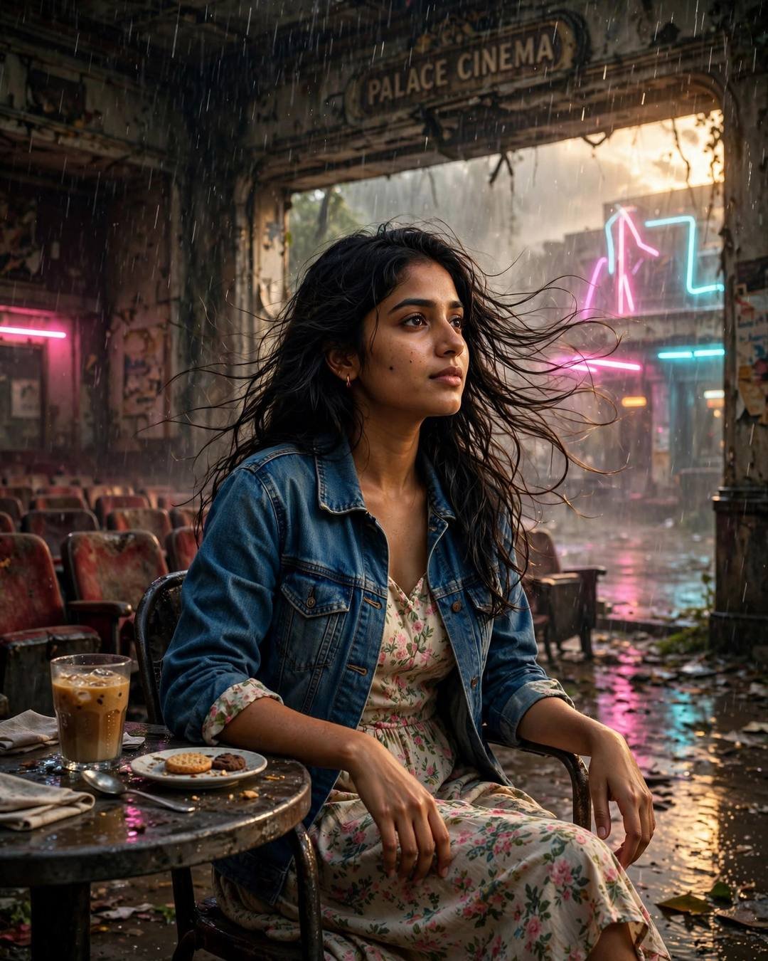 Young Indian woman in denim jacket sitting in a rain-soaked neon-lit abandoned cinema cafe with two cold coffees