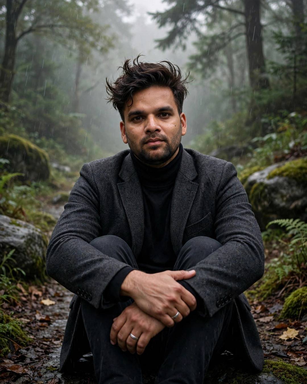 Young Indian man in charcoal blazer and black turtleneck sitting on a misty forest path in drizzle, cinematic portrait