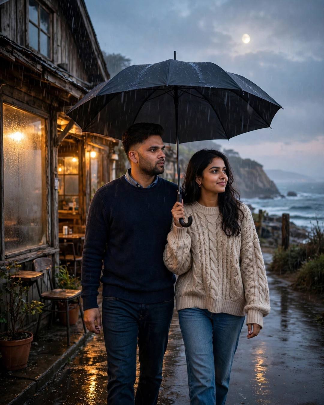 Young Indian couple walking under one umbrella past an old seaside café at night in the rain, man in navy sweater, woman in beige knit