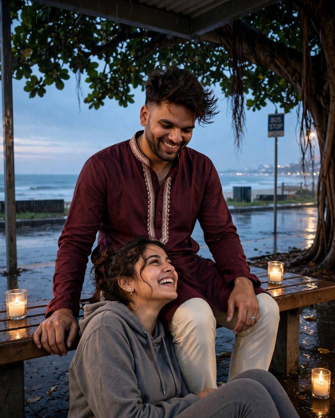 Young Indian couple laughing together on a rain-wet bench by the sea, man in maroon kurta, woman in grey hoodie