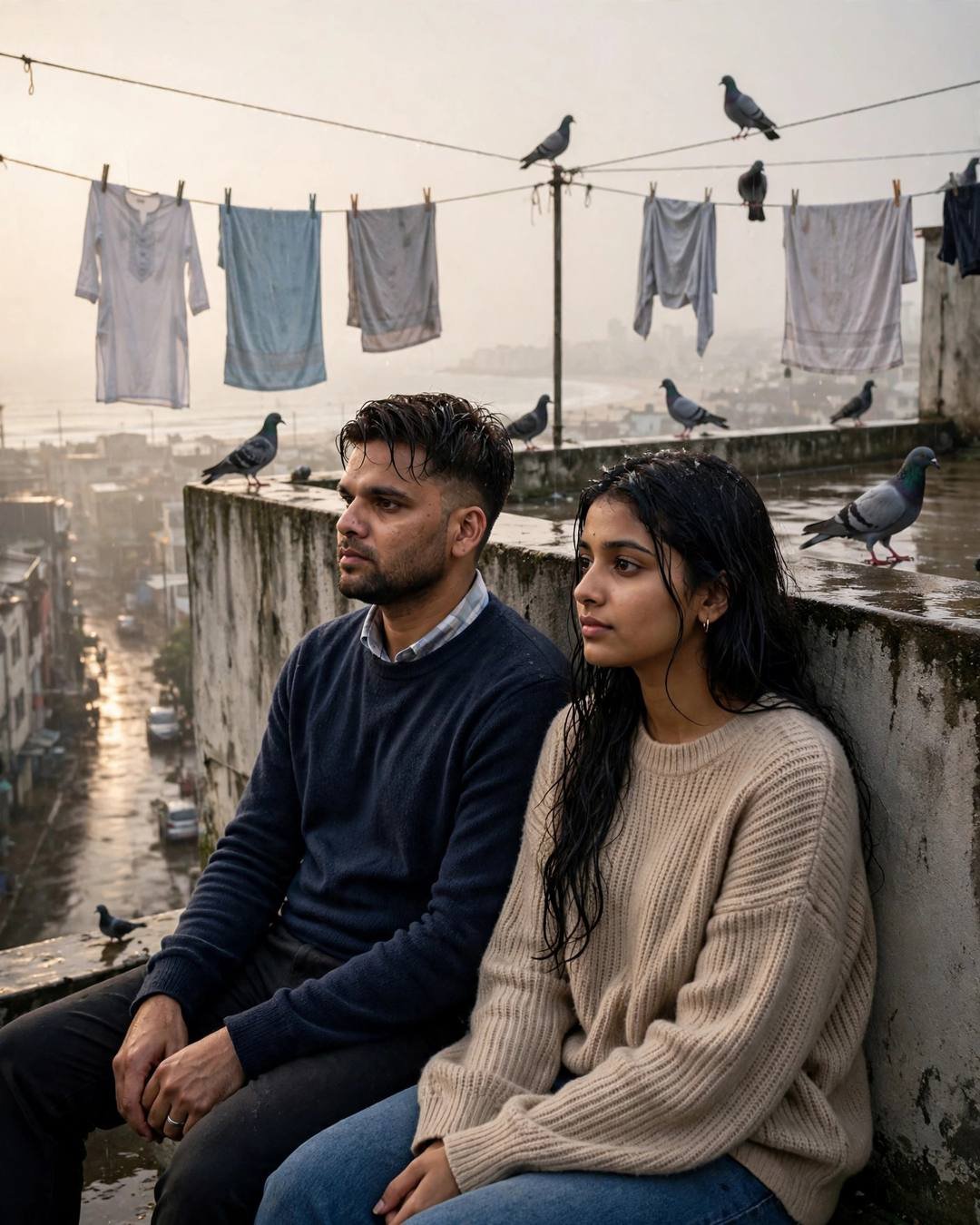 Young Indian couple sitting side by side on a foggy rooftop terrace with clothes lines and pigeons