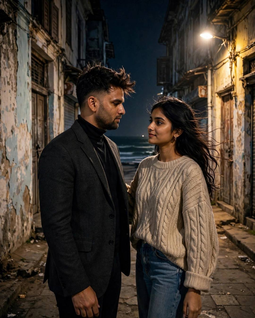 Young Indian couple standing face to face under a streetlight in an old-city lane by the sea at night