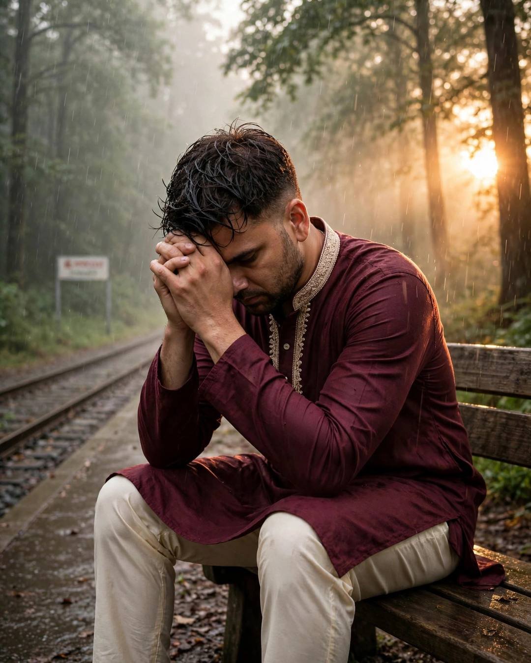Young Indian man in maroon kurta with head bowed into clasped hands on a bench beside misty railway tracks at golden hour