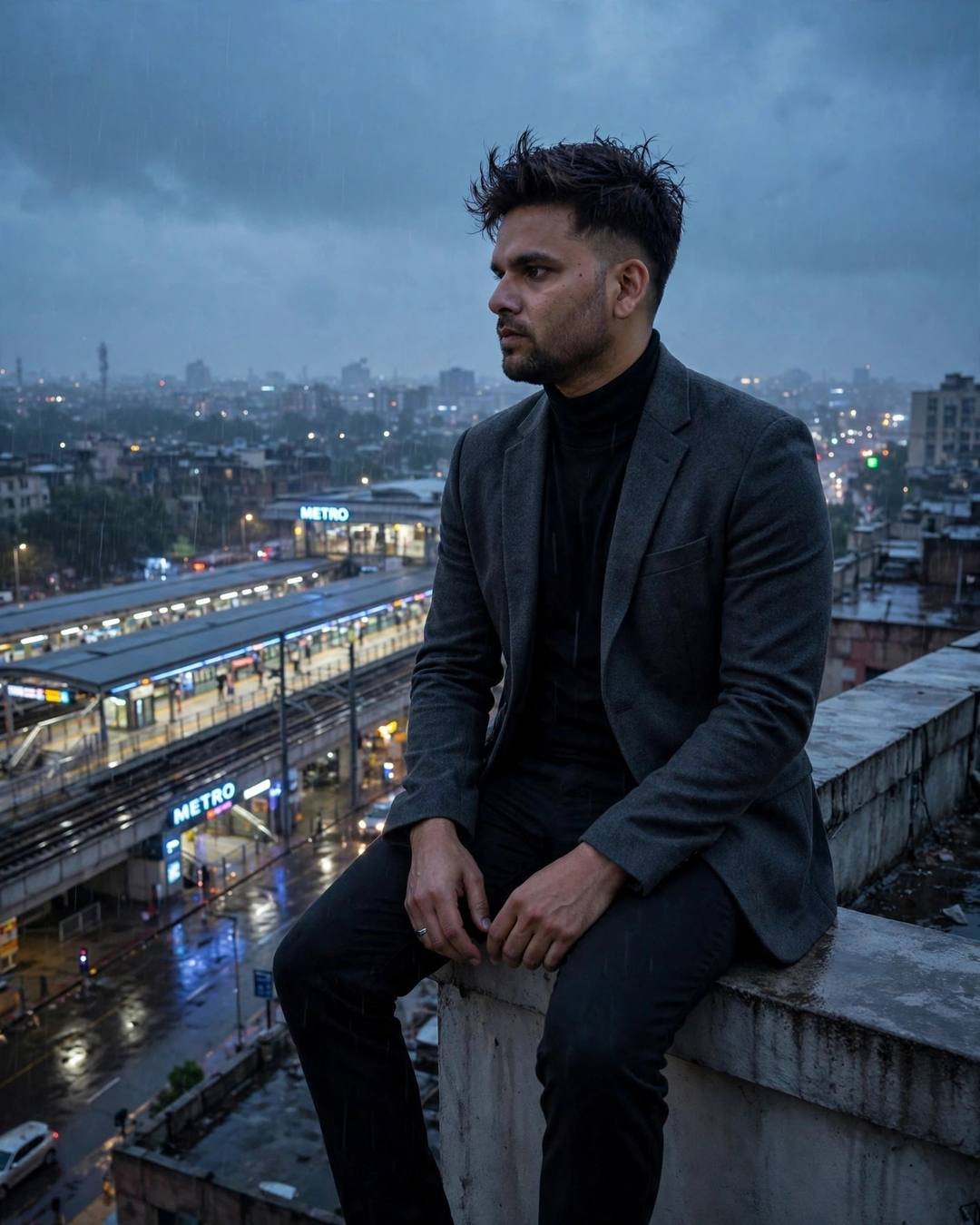 Young Indian man in charcoal blazer and black turtleneck sitting on a rooftop ledge above a metro station at night