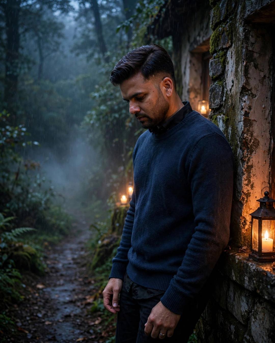 Young Indian man in navy sweater leaning against a mossy stone wall on a misty candle-lit forest path