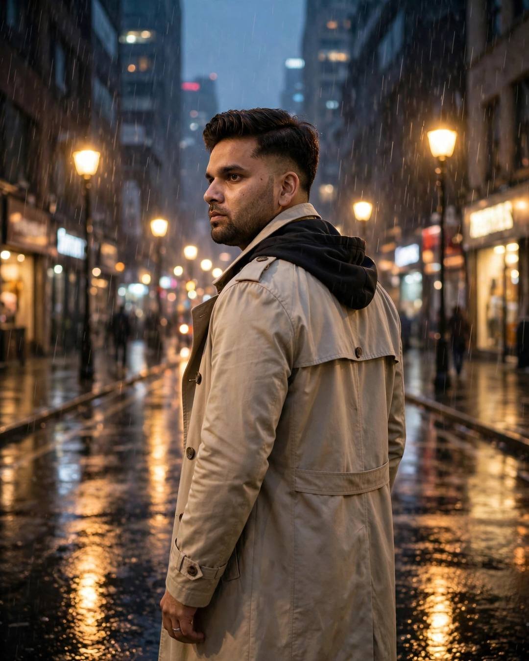 Young Indian man in beige trench coat looking back over his shoulder on a rain-soaked night street
