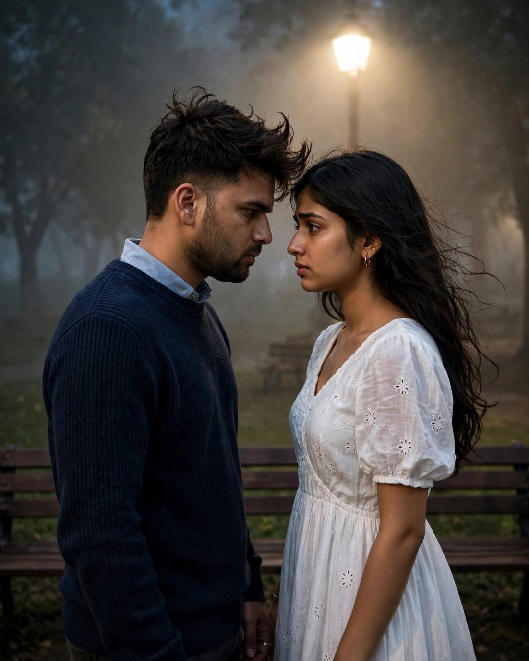 Young Indian couple face to face under a lone lamp in a foggy park, foreheads almost touching