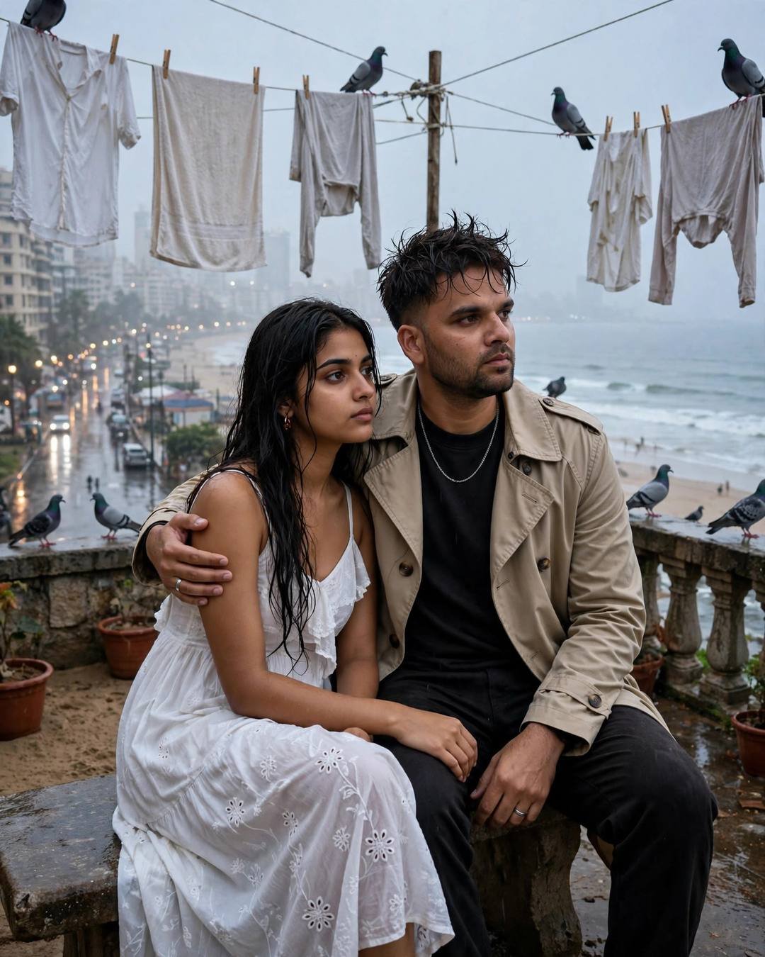 Young Indian couple seated together on a rain-wet terrace with clothes lines and pigeons, his arm around her