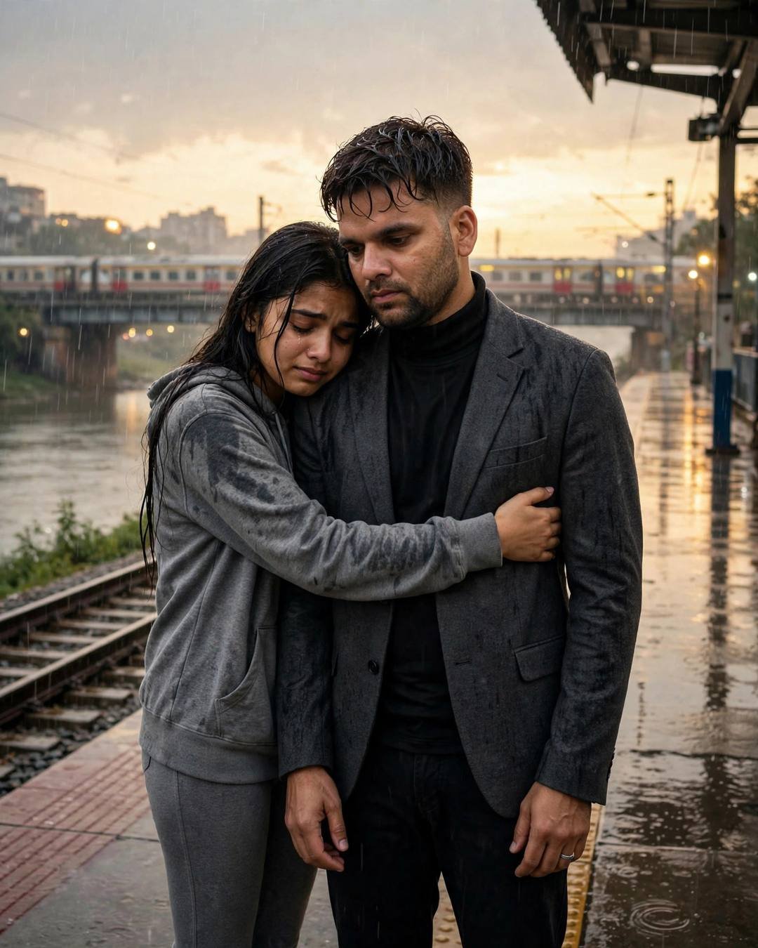Young Indian couple embracing on a rain-wet railway platform at golden hour with a train behind them