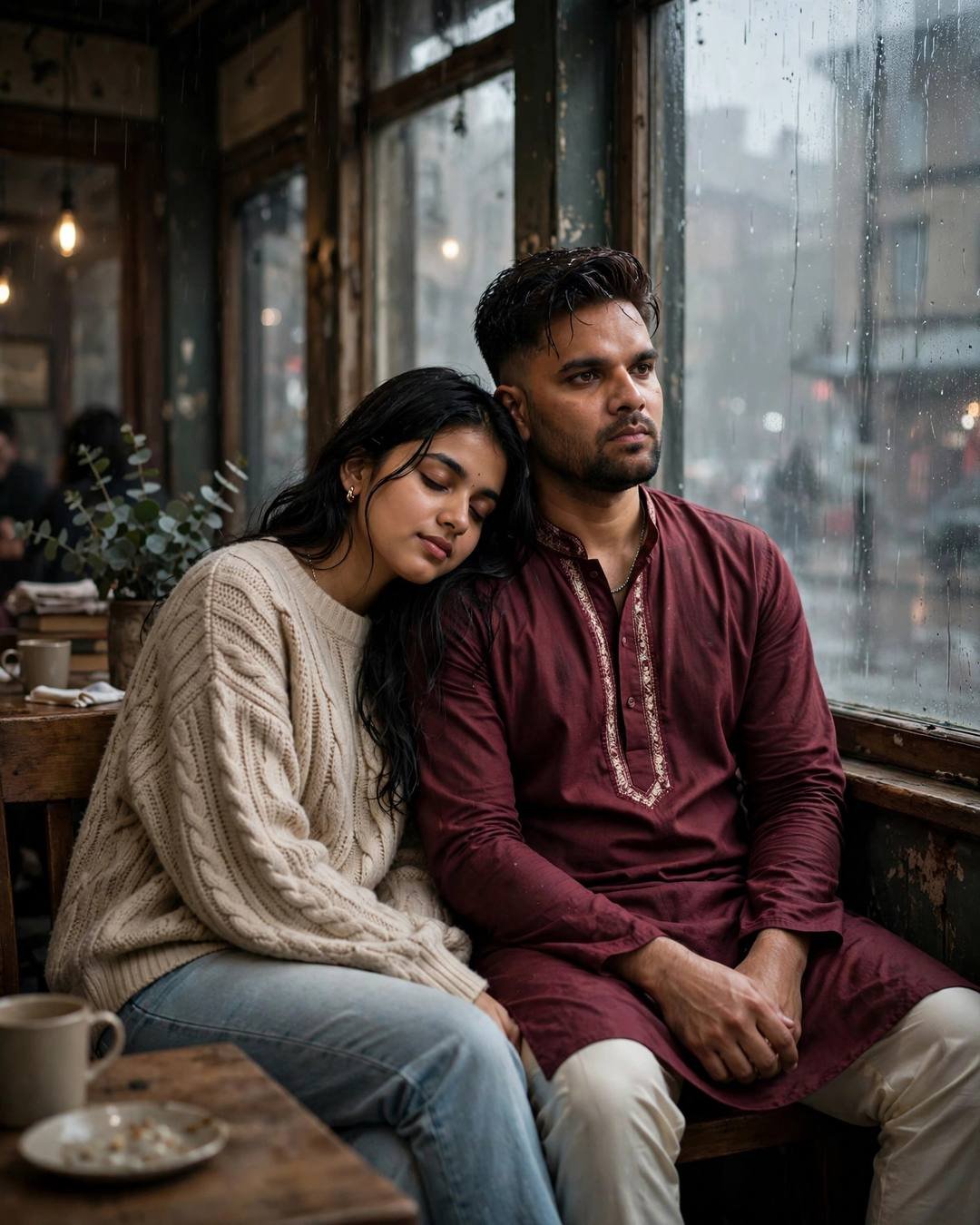 Young Indian couple seated in an old cafe by a rain-fogged window, her head resting on his shoulder
