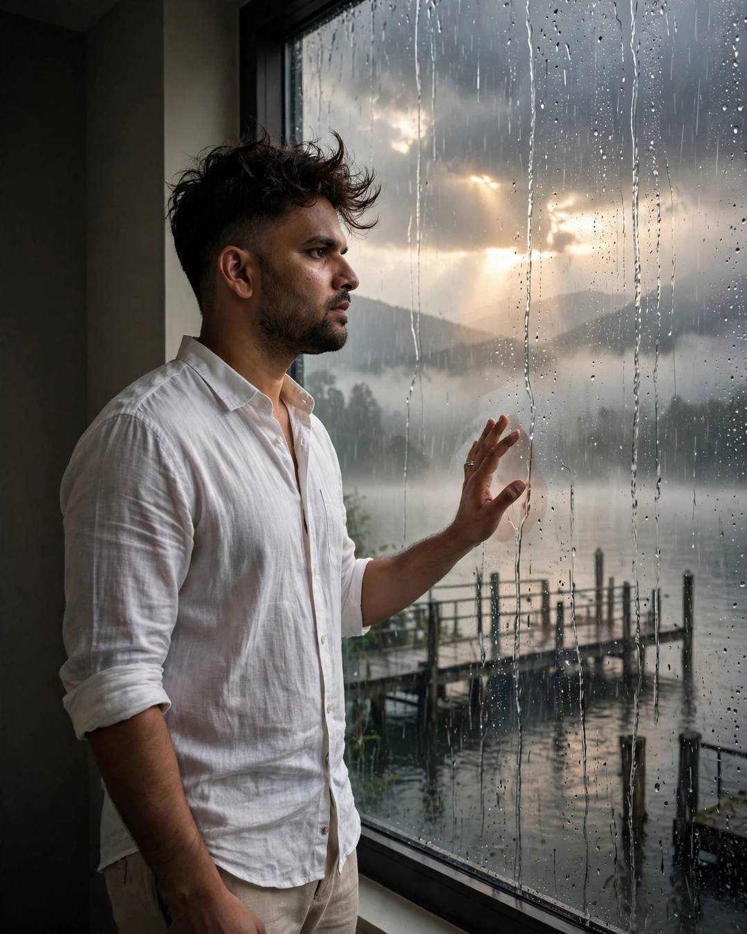 Man in white linen shirt with hand on a rain-streaked window, misty lake pier behind