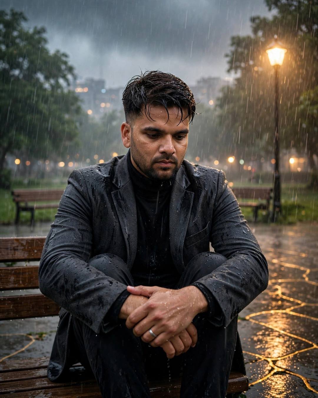 Man in charcoal blazer sitting with knees drawn up on a rainy park bench at dawn, lamp glowing