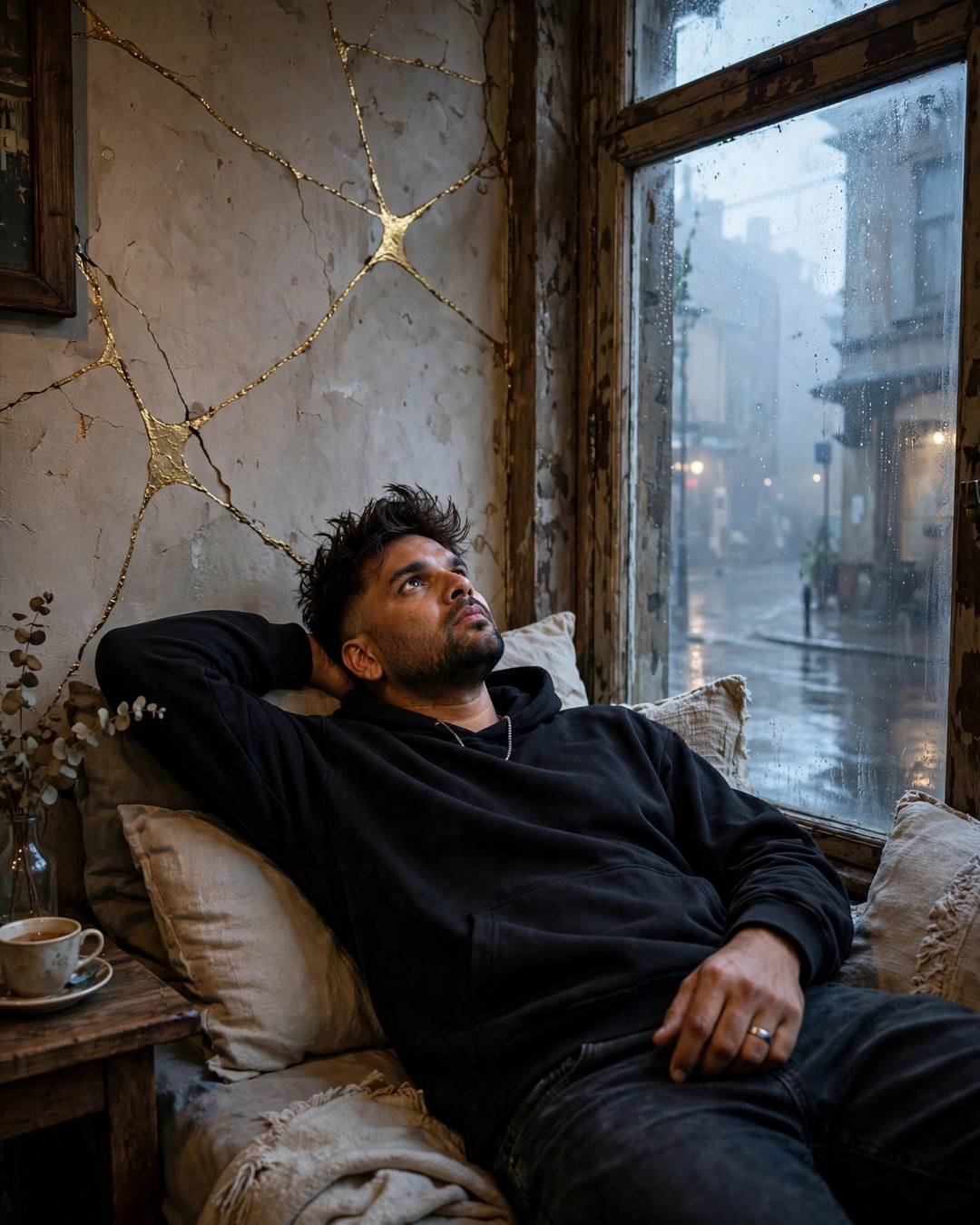 Man in black hoodie lying on a daybed in an old cafe, gold-filled cracks on the wall behind
