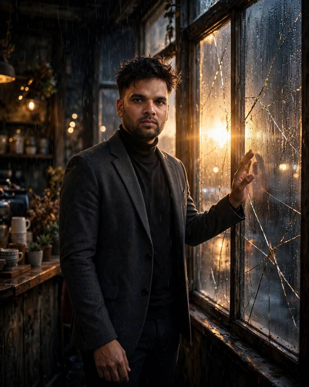 Man in charcoal blazer with hand on a cracked cafe window, golden backlight through fractures