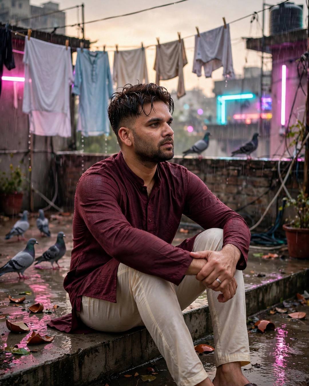 Sitting among scattered gifts he can't return — maroon kurta with cream churidar, damp rain-wet hair, sitting with knees drawn up, arms wrapped around legs at terrace with drying clothes lines and pig