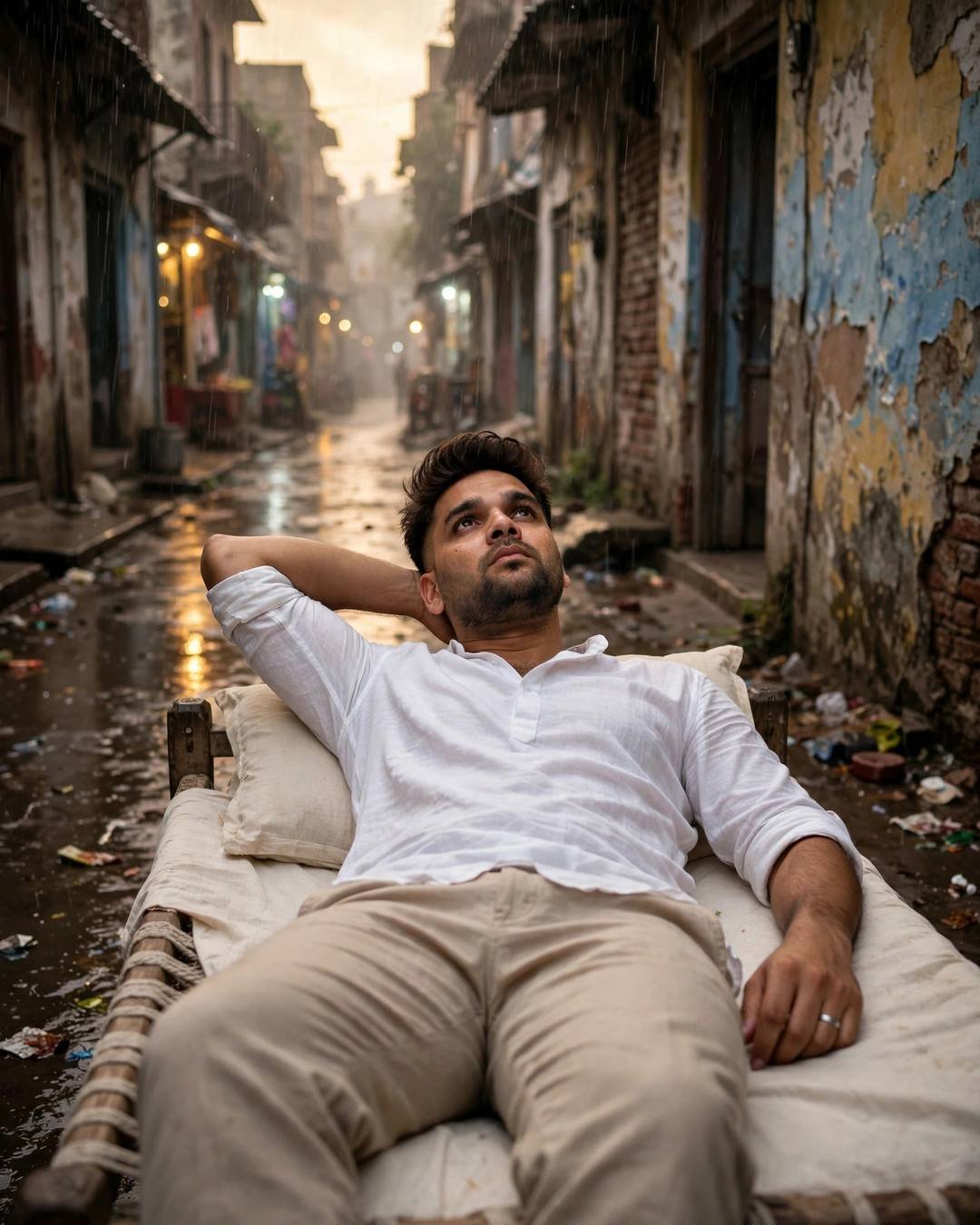 A cracked mirror reflecting half his face — white linen shirt with rolled sleeves, beige trousers, windswept textured hair, lying on the bed staring at the ceiling, one arm behind head at narrow old-c