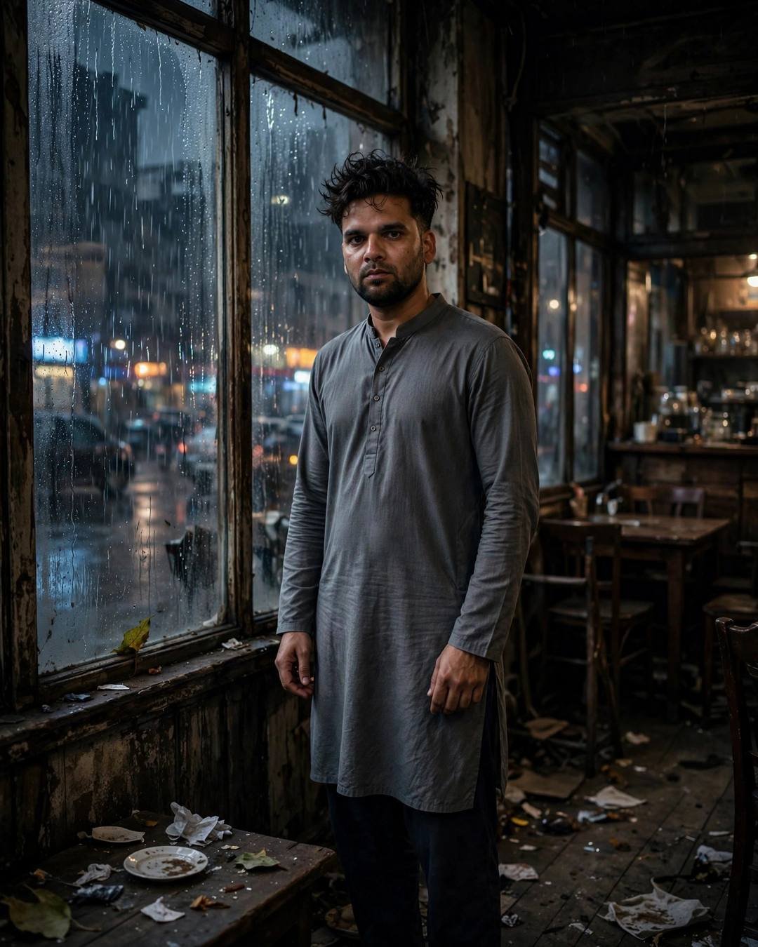 Clutching his chest on an empty terrace — grey kurta with dark pajama, slightly messy morning hair, standing at a rain-streaked window, one hand on the glass at old cafe by a fogged window; overcast g
