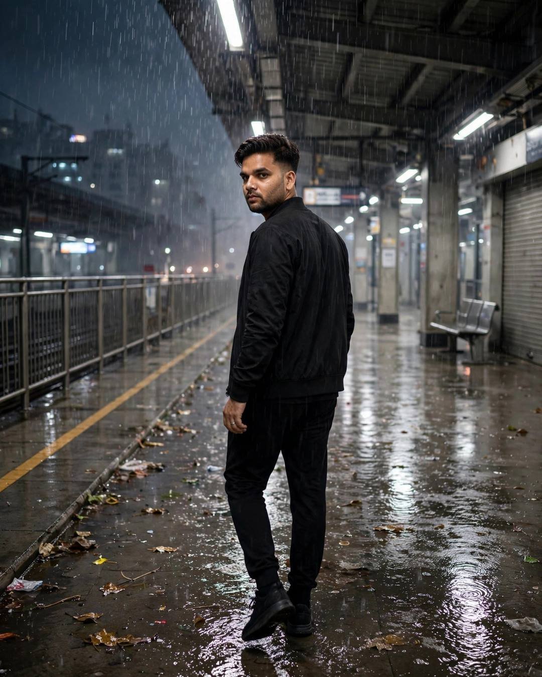 A shattered photo frame at his feet — all-black streetwear with sneakers, neatly combed side part, walking away from the camera down an empty path at midnight metro station; heavy monsoon rain, overca