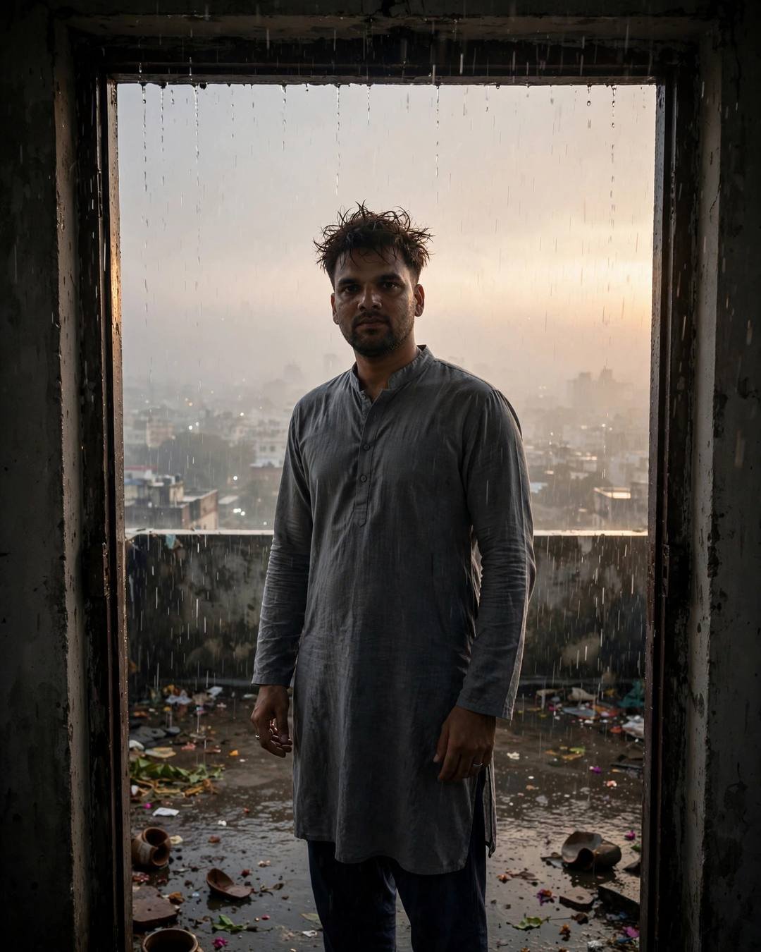 Holding a torn letter, pieces in his — grey kurta with dark pajama, slightly messy morning hair, standing in a doorway, half in shadow at rooftop overlooking sleeping city lights; heavy monsoon rain, 