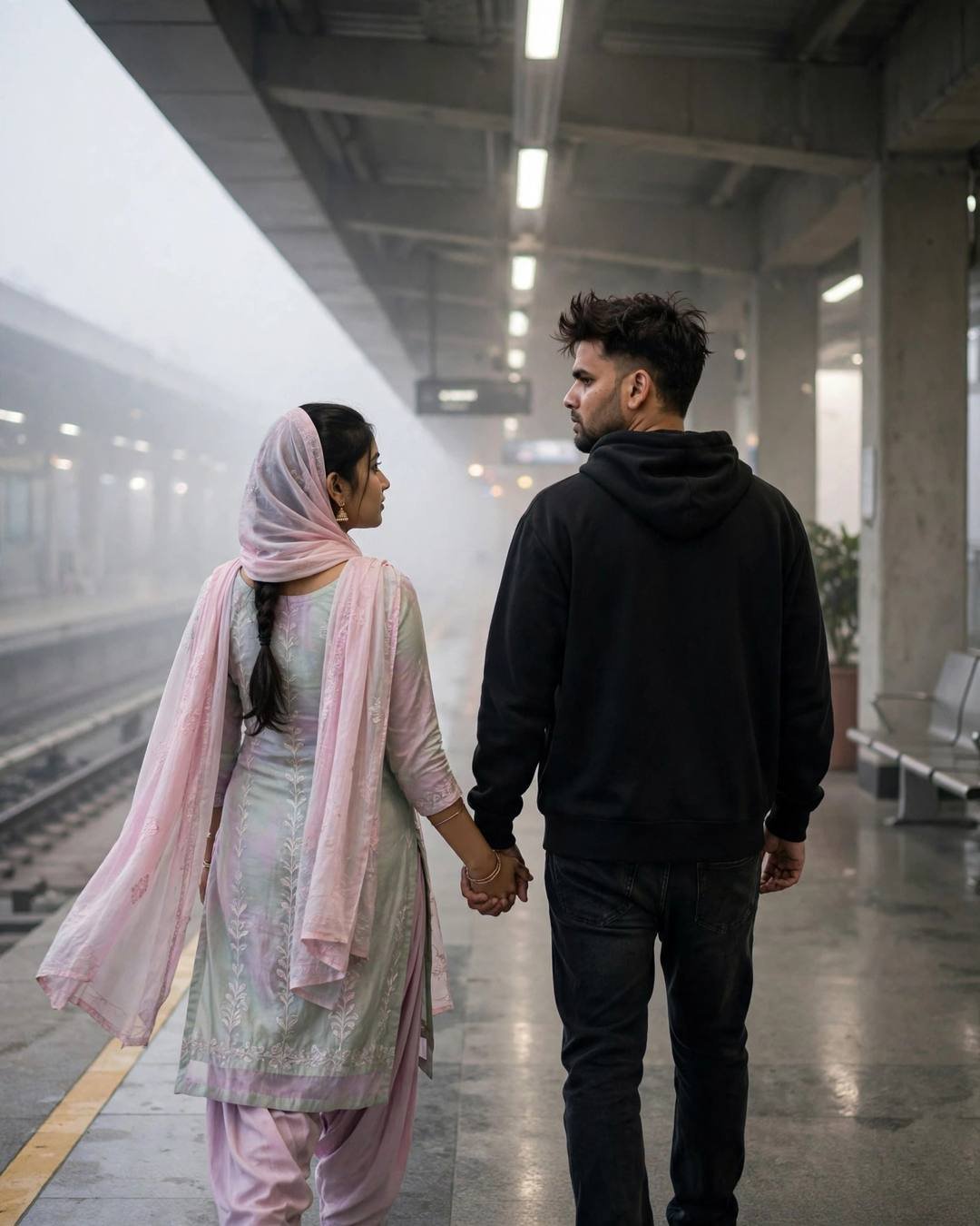 Young Indian couple walking hand in hand through fog at a midnight metro station, man in black hoodie, woman in pastel salwar-kameez