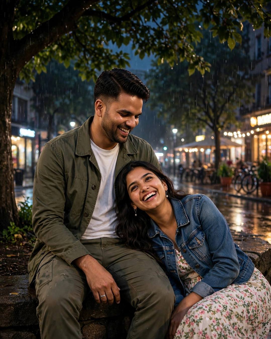 Young Indian couple laughing together on a stone wall under a tree on a rainy city street at midnight