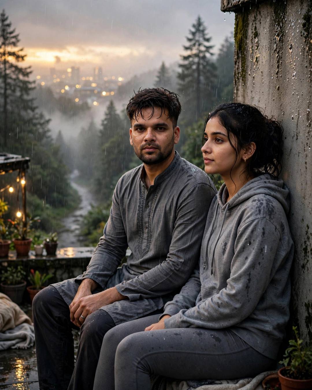Young Indian couple sitting against a wall above a misty forest valley at golden hour, both in grey