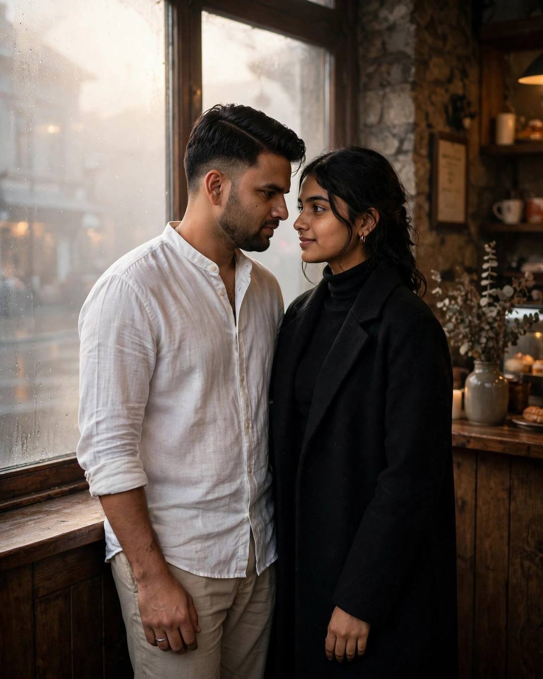 Young Indian couple standing face to face with foreheads nearly touching by a fogged café window at dawn