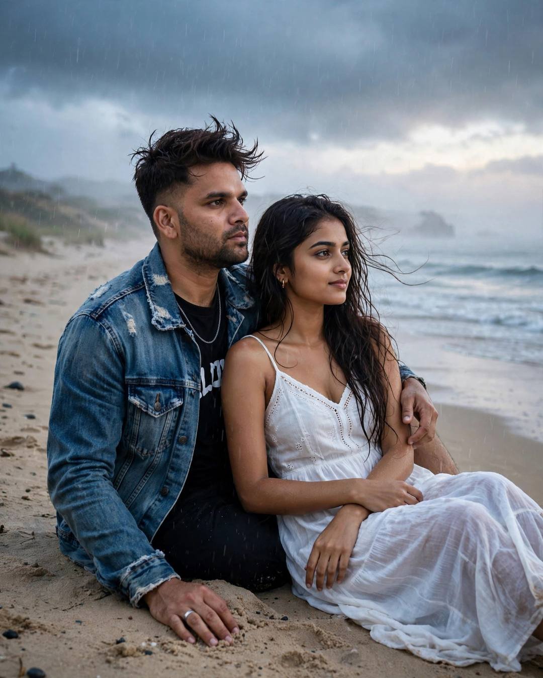Young couple sitting on a deserted beach at dusk in light rain, man in denim jacket, woman in white dress, watching waves