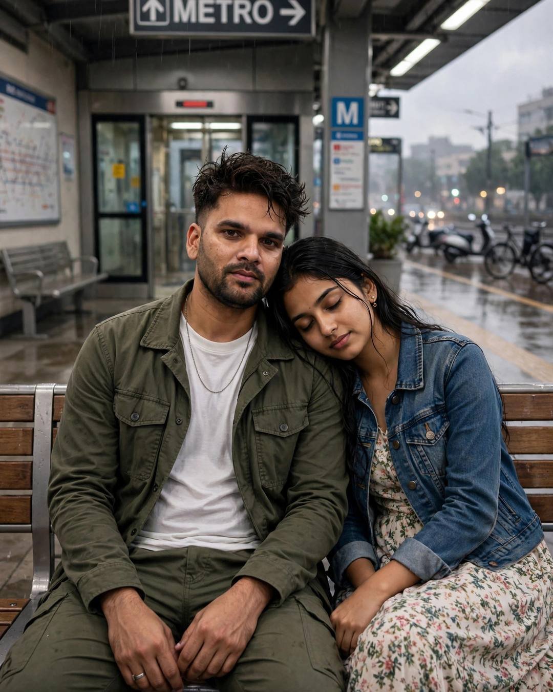 Young couple sitting on a bench at a midnight metro station after rain, her head on his shoulder, man in olive jacket