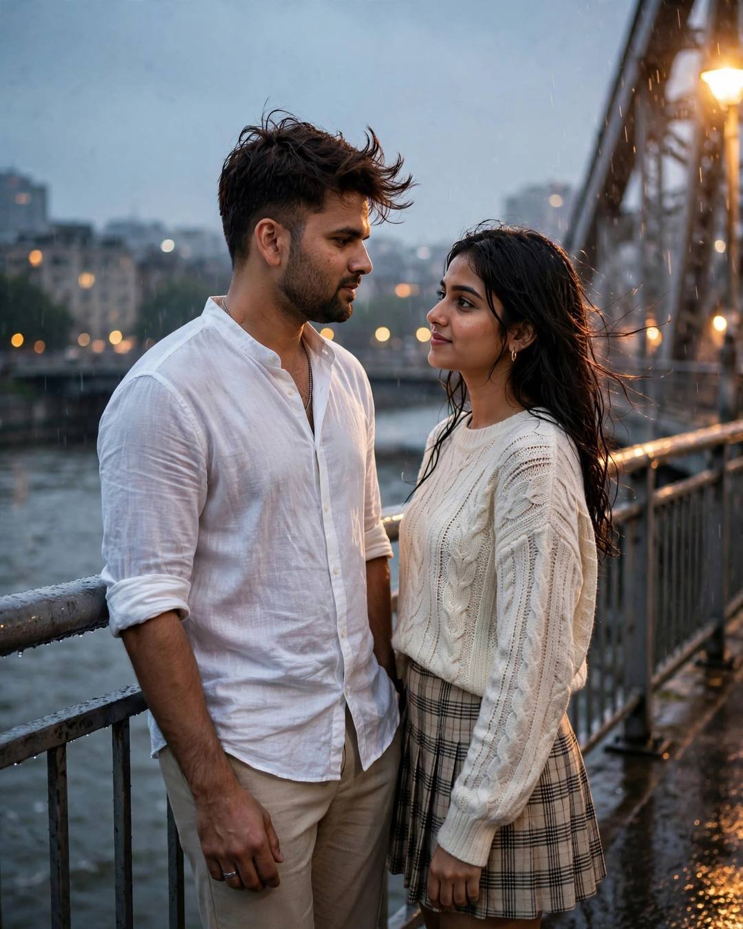 Young couple facing each other on a bridge over a river in light rain at night, city lights blurred behind