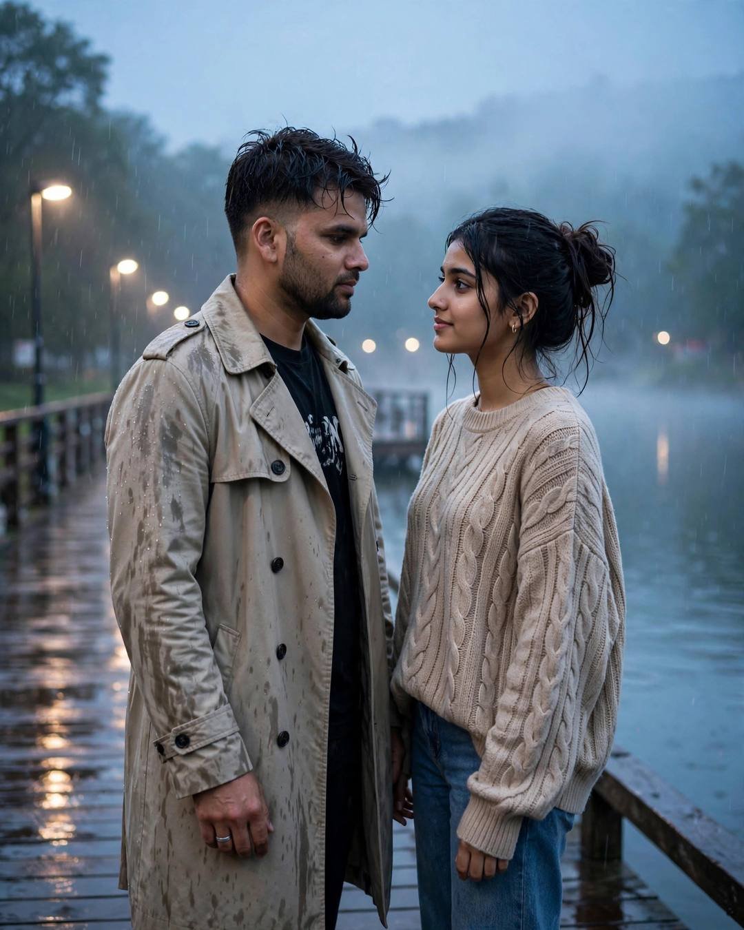 Young couple close together on a lake pier at dawn in drizzle, beige trench coat and oversized beige sweater