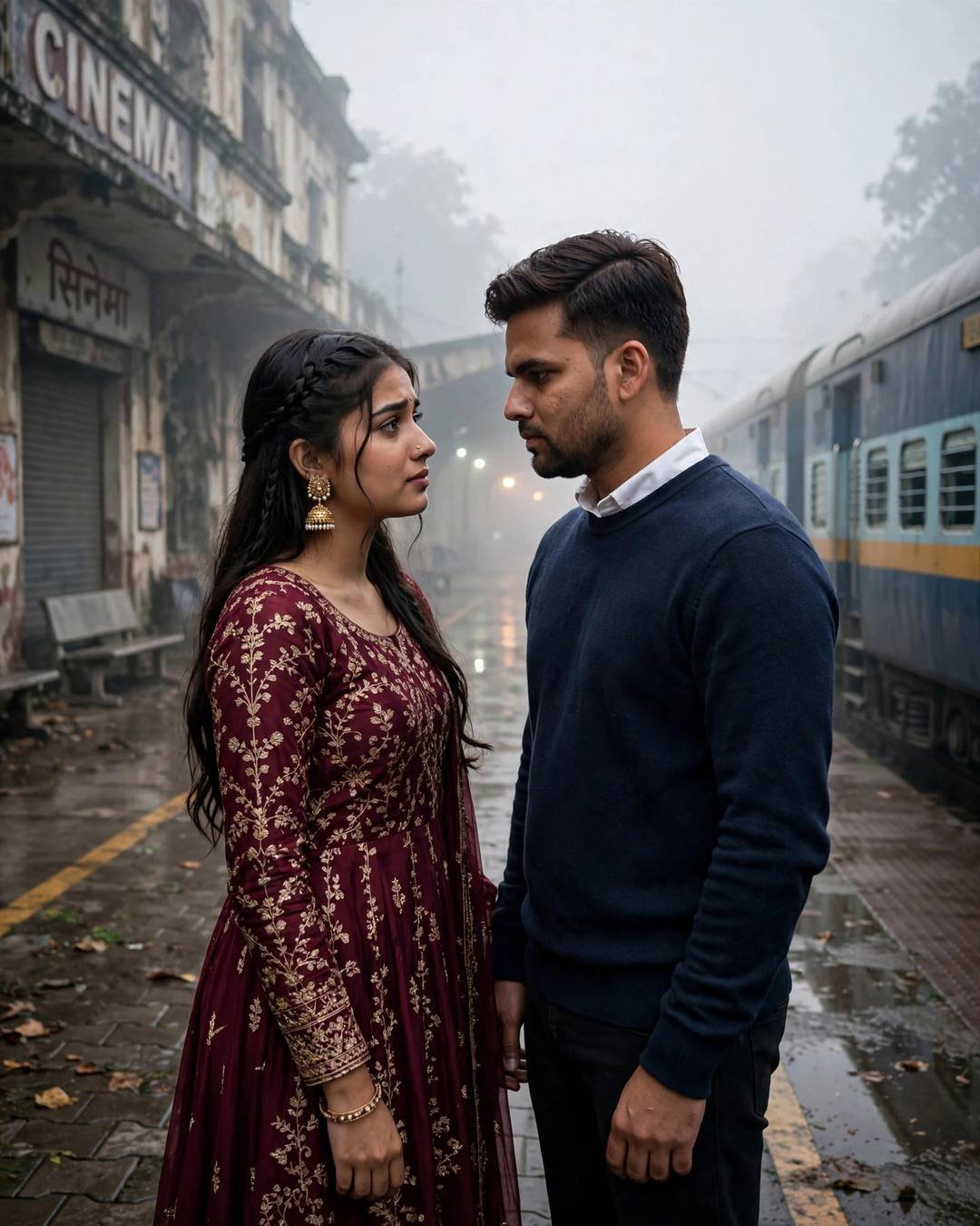 Young couple standing inches apart by an abandoned cinema hall in dawn fog, navy sweater and maroon anarkali with jhumkas