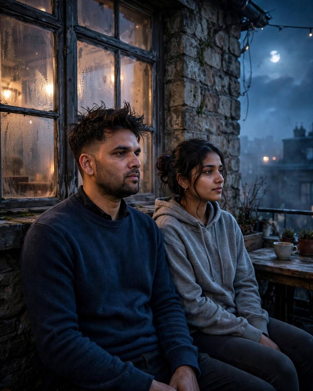Young couple sitting by a fogged cafe window at blue hour under moonlight, man in navy sweater, woman in grey hoodie