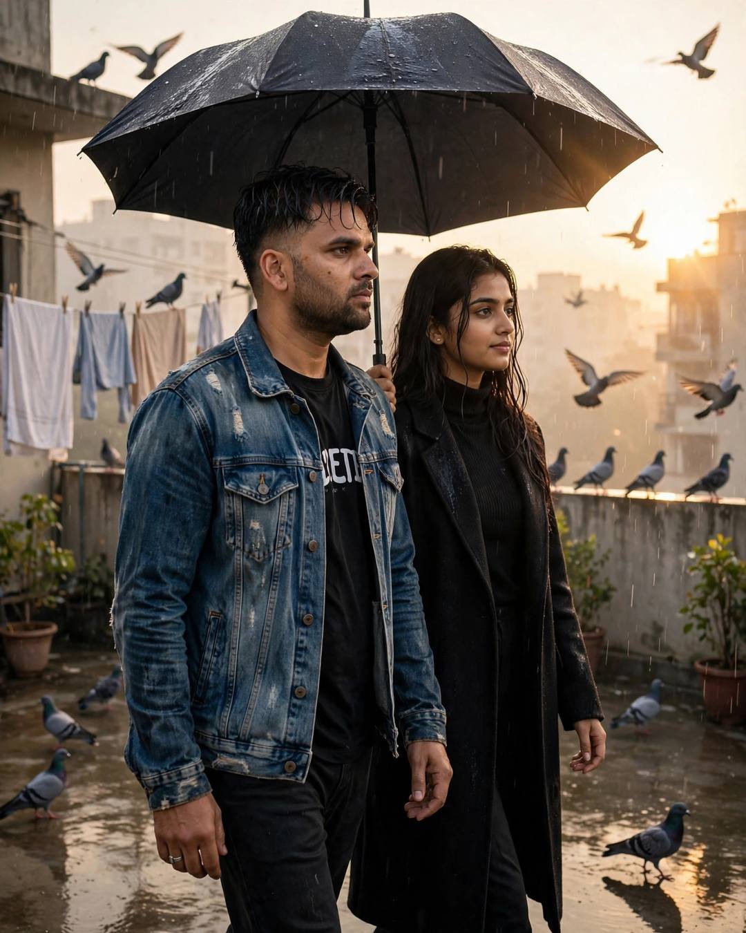 Young couple walking under an umbrella on a terrace with pigeons and clothes lines, golden backlight through drizzle