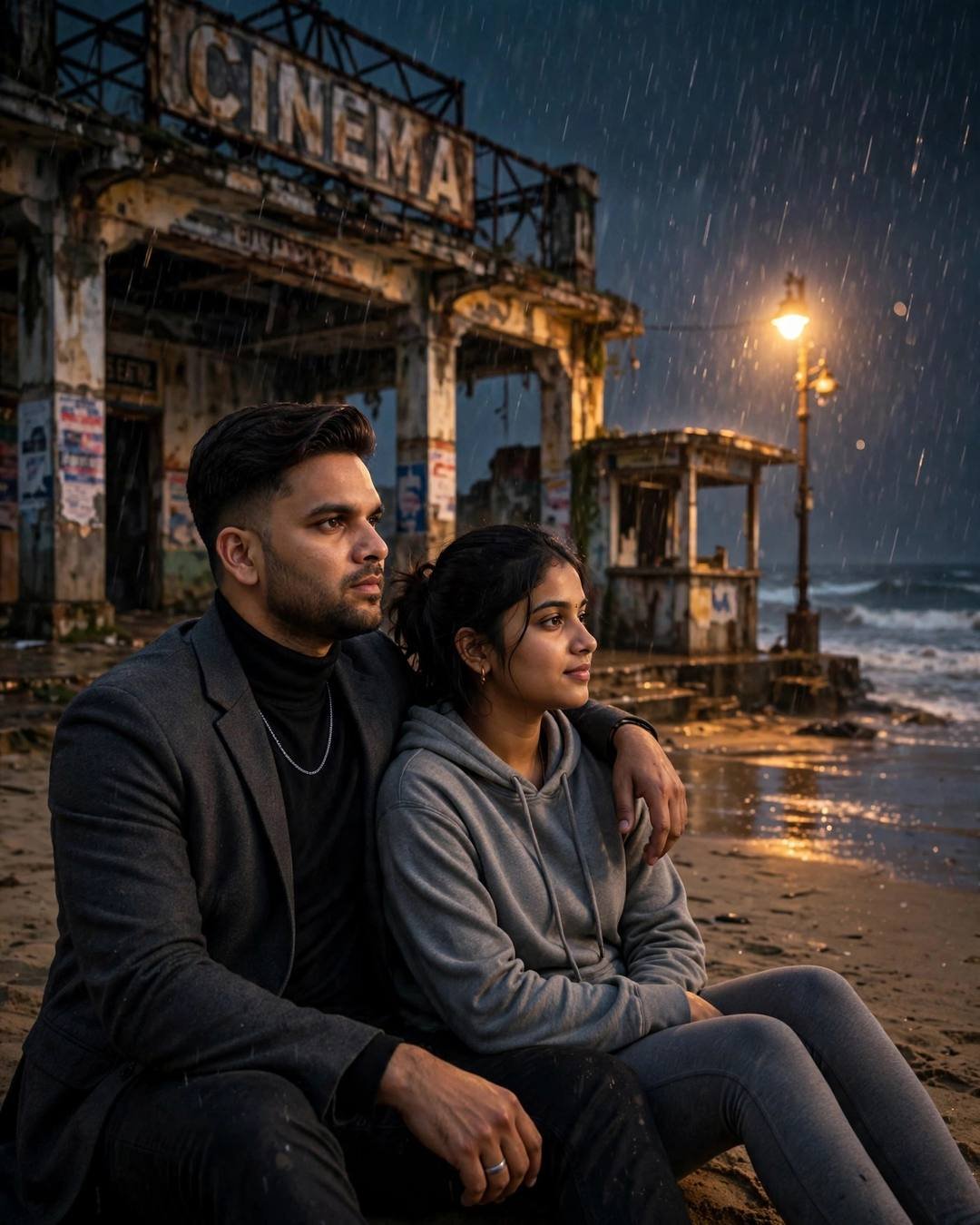 Young couple sitting on wet sand before an abandoned seaside cinema hall in heavy rain at night, sodium lamp glowing