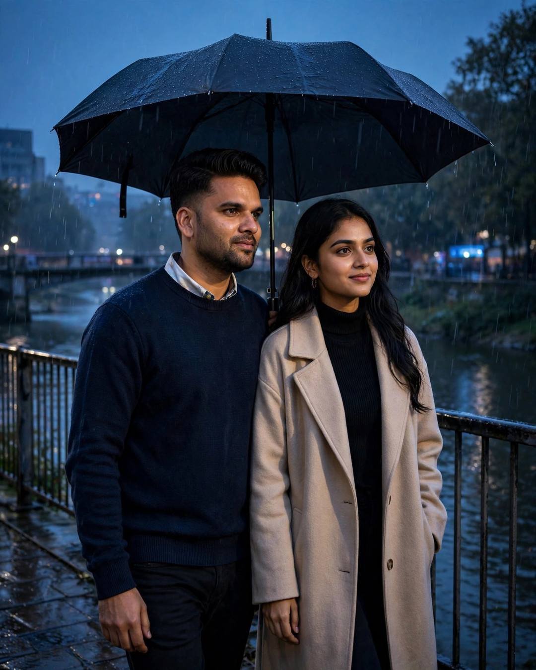Young couple under an umbrella on a bridge over a slow river at blue hour in light rain, navy sweater and black coat